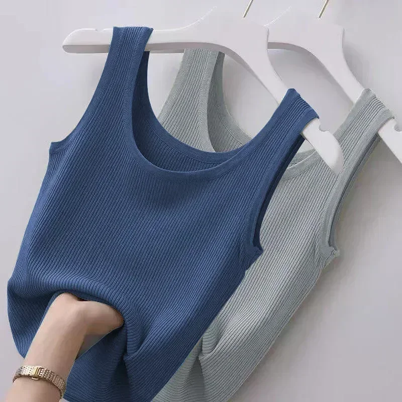 

Summer Knit Vest Top Sexy Sleeveless O Neck Women Camisole Pure Color Black White T-shirt Solid Color Plus Size Slim Top