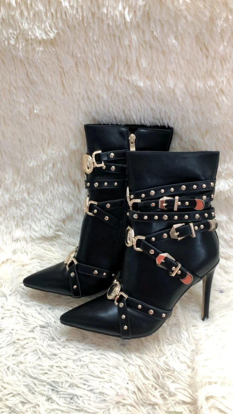 Rivet Gladiator Belt Buckle Boots Pointed Toe Stiletto Heels Mid Calf Boots Winter Luxury 2022 New Designer Sexy Shoes Party