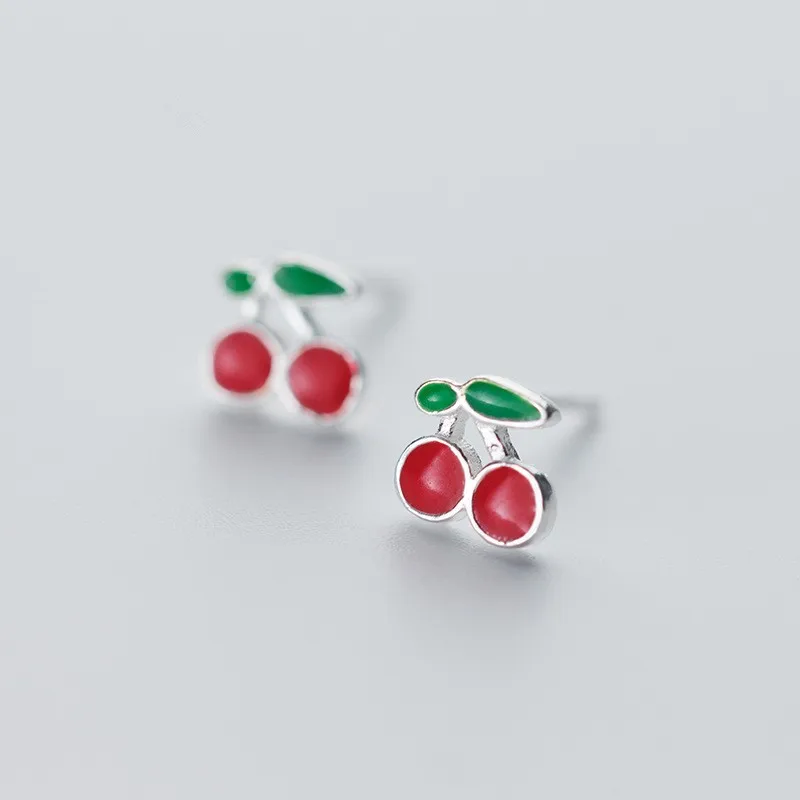 925 Silver Plated Smell Cute Cherry Stud Earrings For Women Girls Birthday Wedding Jewelry Gift e320