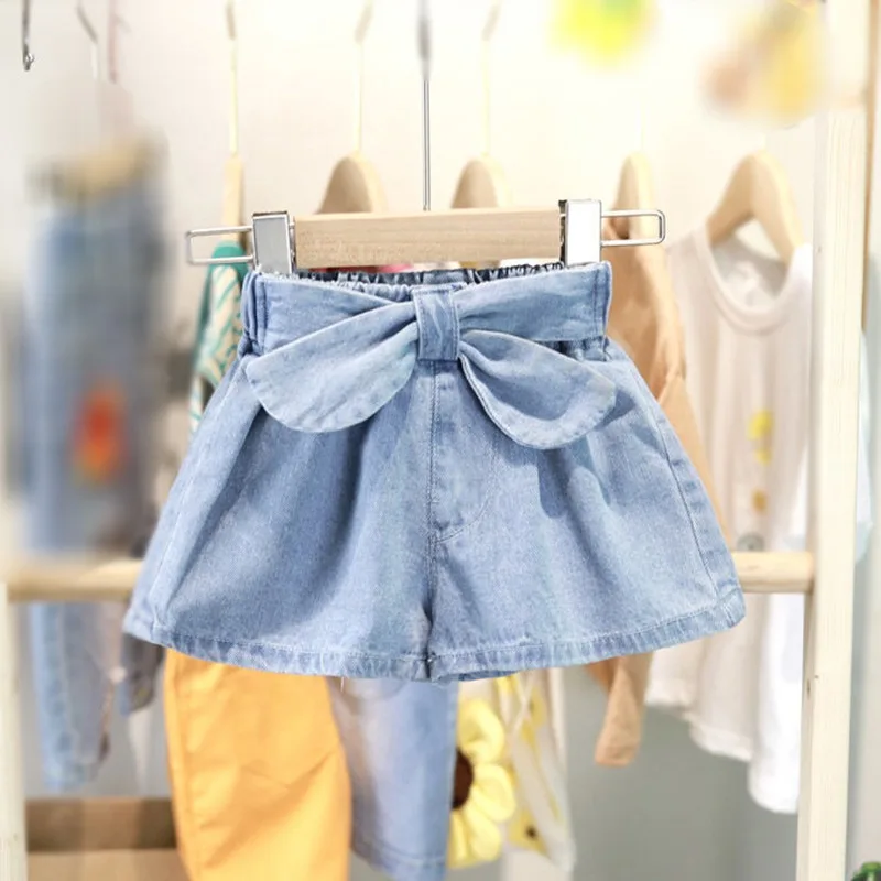 Pantalones cortos de mezclilla con lazo para niñas, pantalones cortos sueltos para niños, pantalones cortos para niñas de 1 a 7 años, pantalones