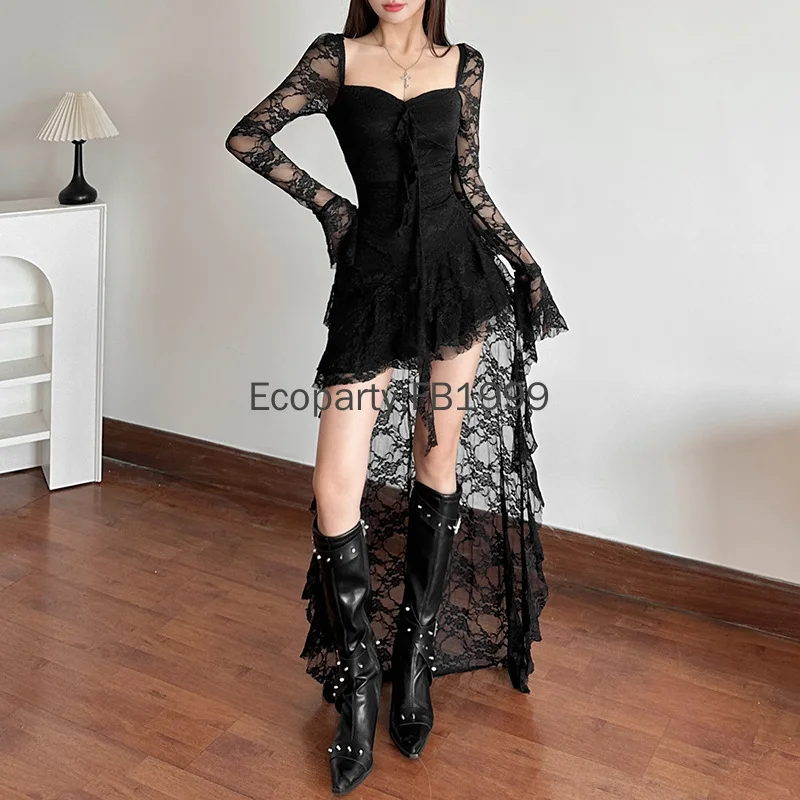 Neue Frauen Spitze Flare Hülse Square Neck Unregelmäßige Kleid Schwarz Weiß Süße Backless Hohl Langen Saum Kleider Y2K Party Vestidos