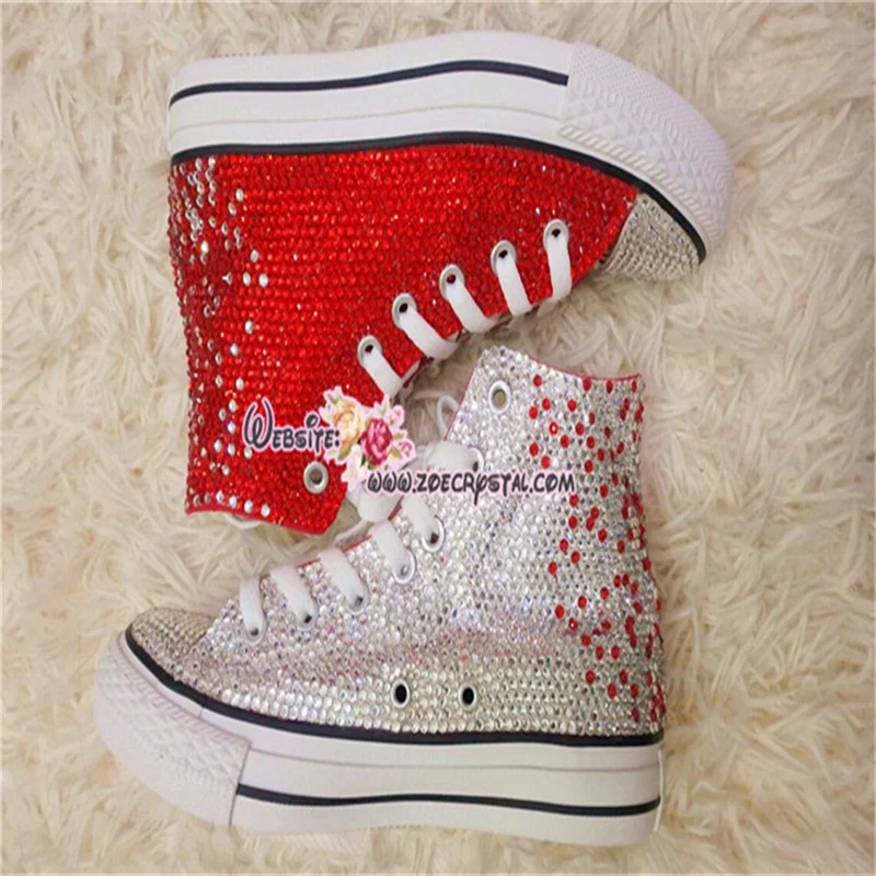 High top lace up red rhinestones creative canvas shoes for women banquet wedding all casual sports big size women\'s shoes 35-44