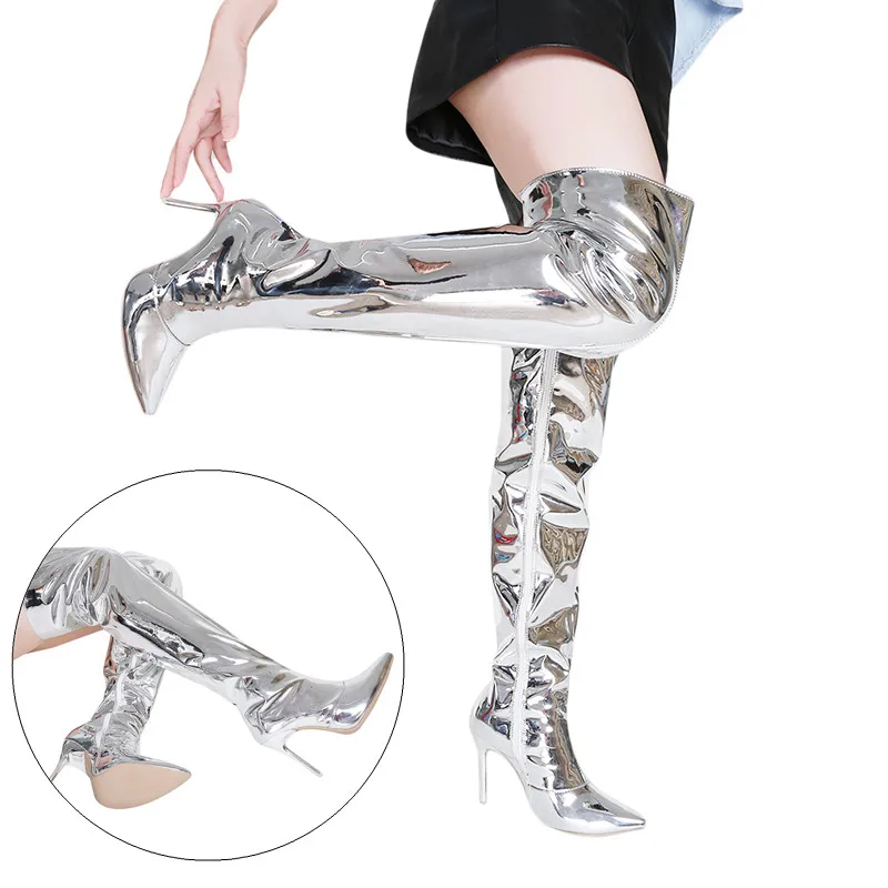 Sexy Silver Mirror Thigh High Boots Women T Show Pointy Toe Club Party Shoes Thin High Heels Over The Knee Long Boots For Women