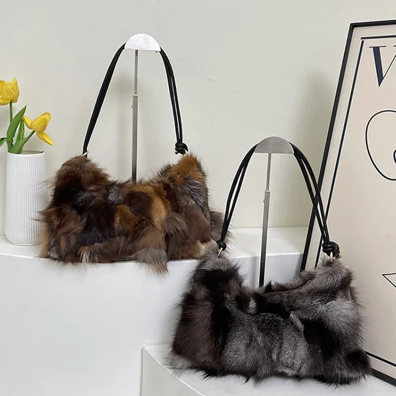 

Winter Warm Fox Fur Shoulder Hobo Bags for Women Latest Luxury Designer Purses and Handbags Elegant Evening Bag for Dinner Party