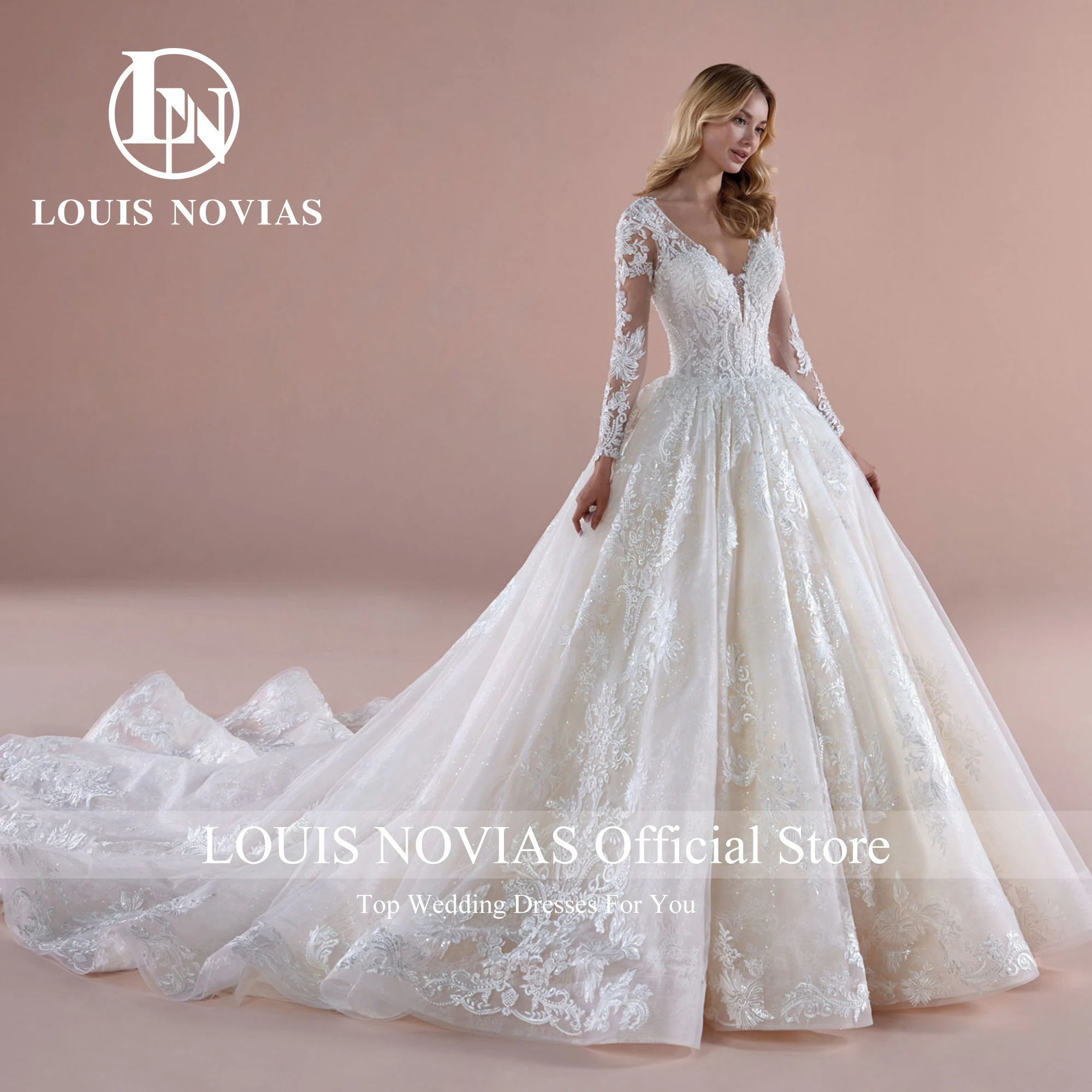 LOUIS NOVIAS Long Sleeve Wedding Dress 2024 Luxury Ball Gown Wedding Gown Elegant V-Neck Princess Bride Dress Vestidos De Novia