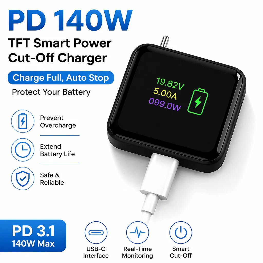 Intelligence Full Charge Auto-Disconnect Charging Adapter PD 140W Fast Charge Safety Separator TFT Colour Screen Power Cutter
