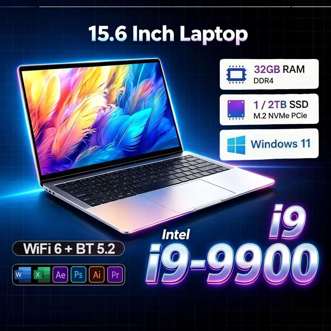 15.6 Inch Trendy Ultra Slim Laptop Intel i9-9900 16/32GB RAM 1TB/2TB Big SSD Portable Windows11 Study Notebook