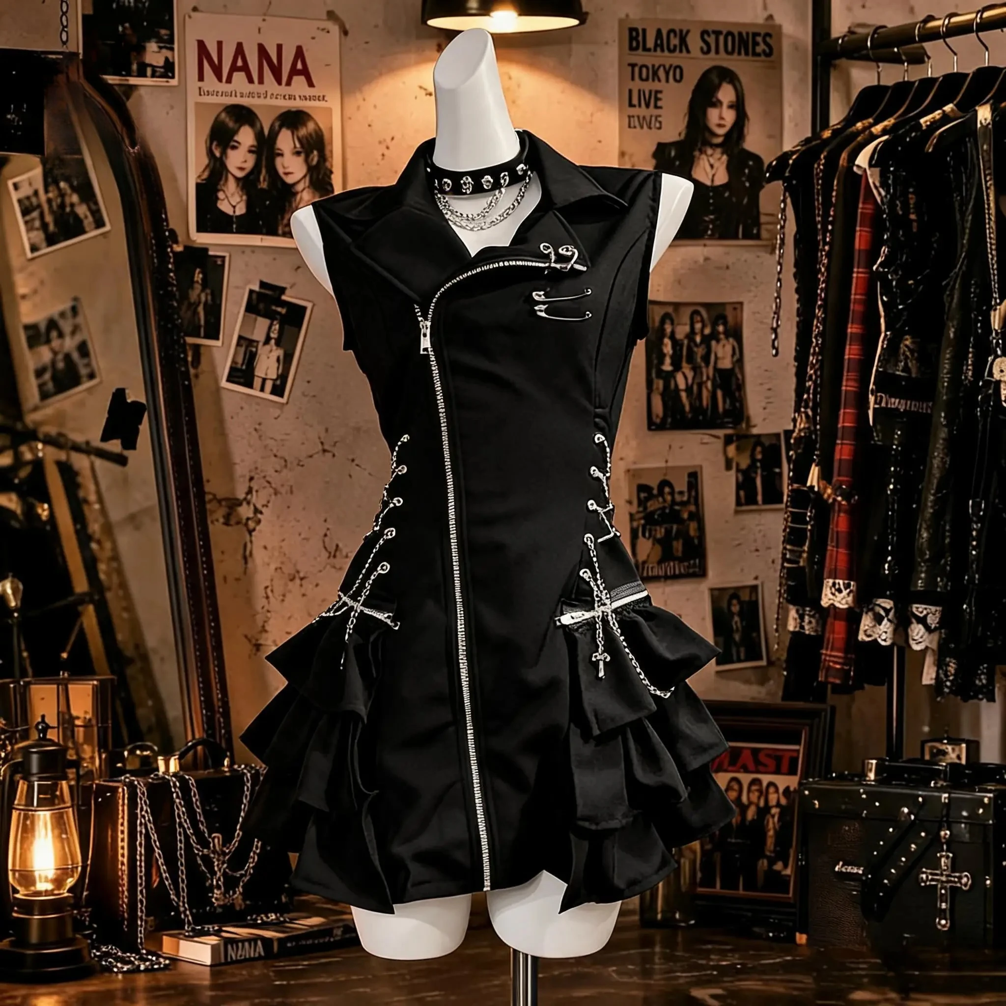 Gothic Lolita Punk Minikleid für Damen, ärmellos, hohe Taille, Reißverschluss, Rüschen, gestufter Rock, Gothic-Kreuz, Harajuku-Mode-Outfit
