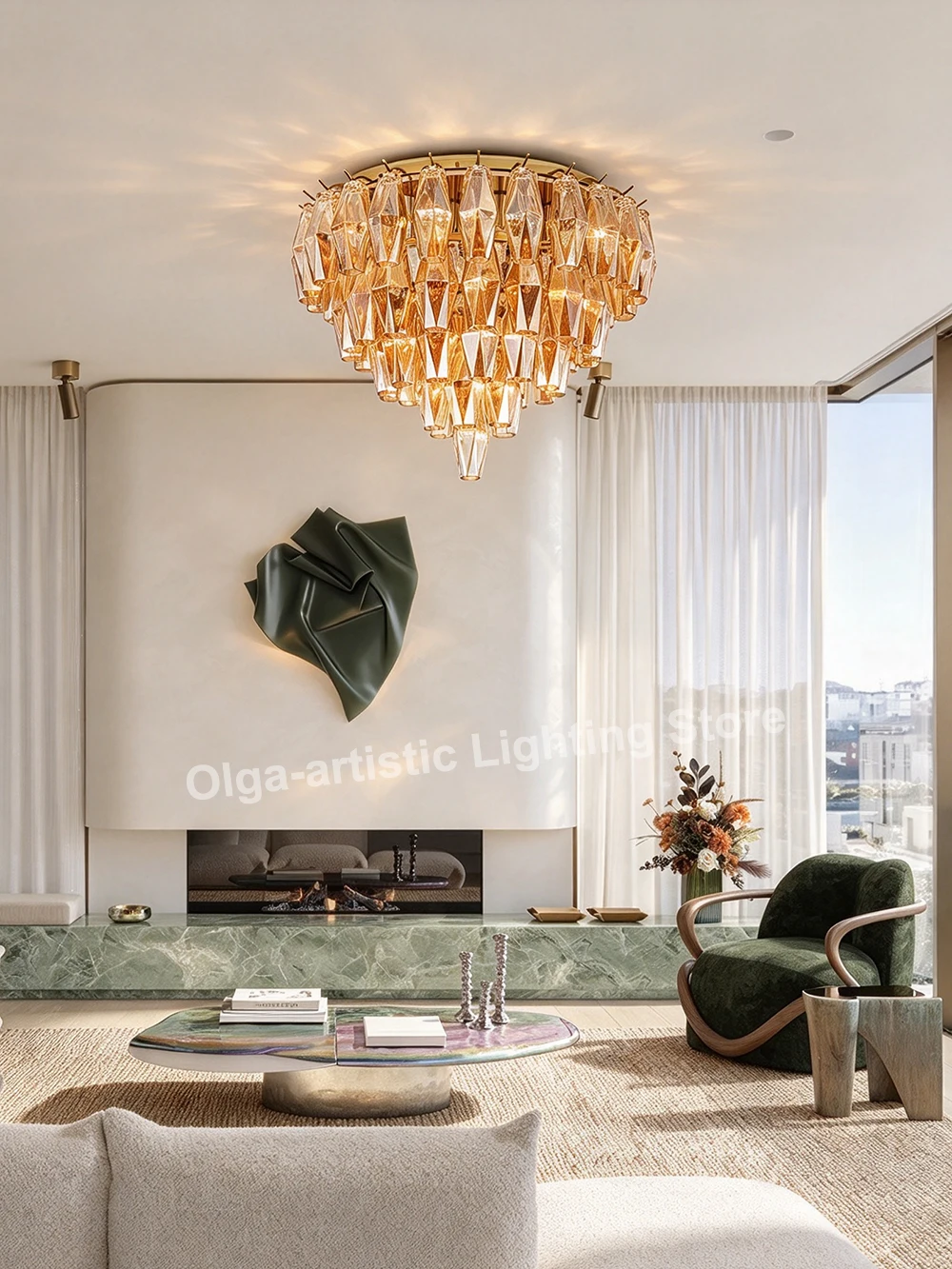 Amber Diamond-shape  Murano Glass Ceiling Lamp, Elegatn Ceiling Decor Chandelier Gray for Living Room Bedroom Lustres