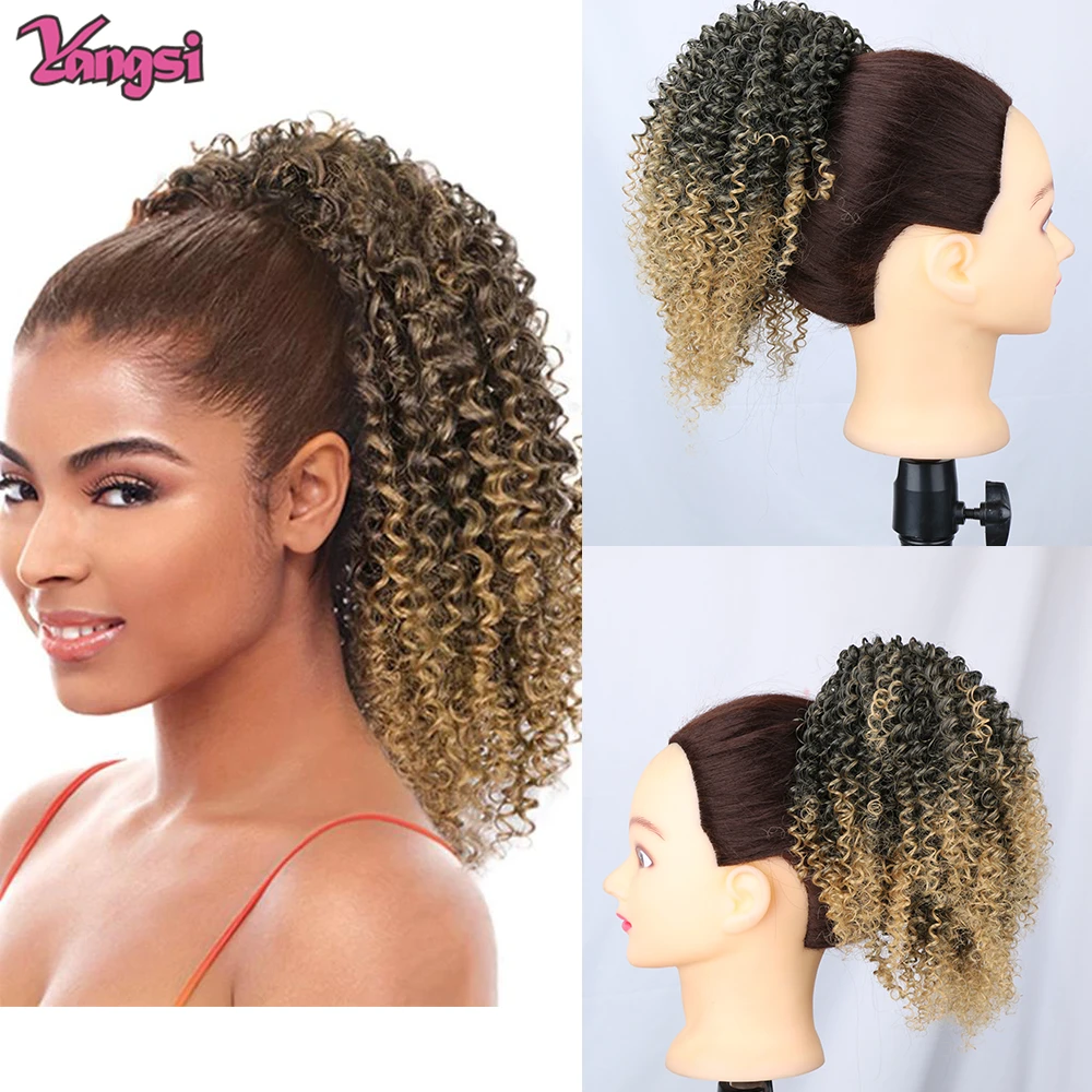 Afro Curly Ponytail for Black Women Drawstring Ponytail Kinky Synthetic hair Extension Ombre Bug Color Clip in For Party