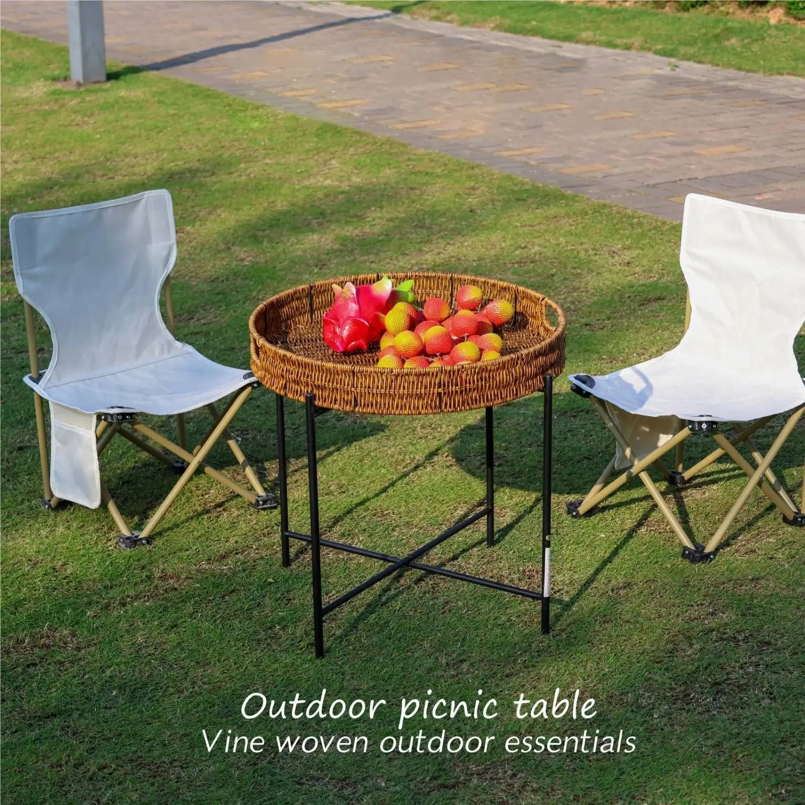Portable rattan wicker dining table - Foldable Round Camping Table with Brown Finish, Outdoor Tea Table for Picnics & Camping