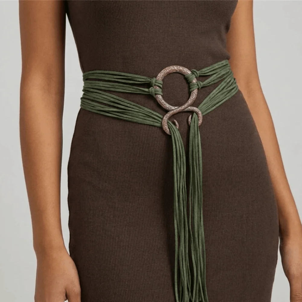 Unique Adjustable Long Rope Chain Belt Braided Fringe Loop Waist Cinch Knot Handcrafted Look Decorative Belt Medieval