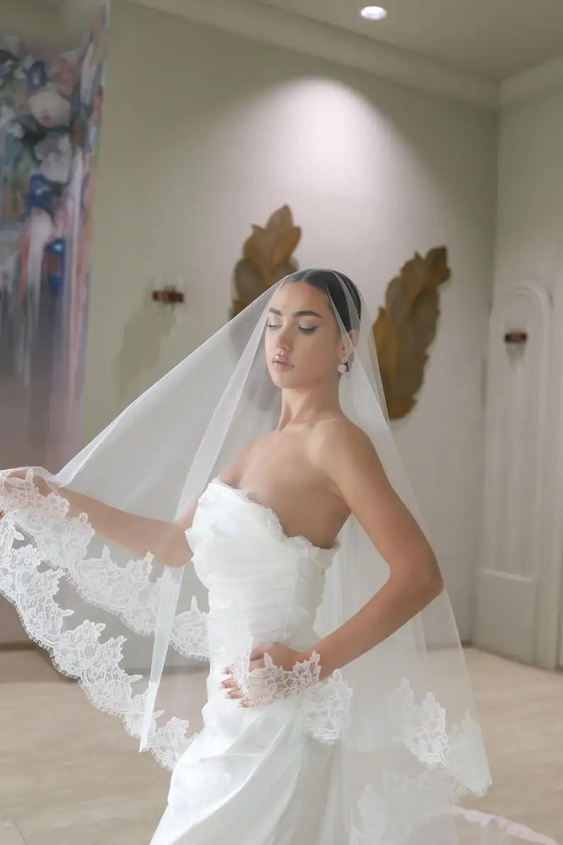 Mantilla Lace Veil ,Two Tier Bridal Veil with Lace Trim, Cathedral Long Wedding Veil with Blusher