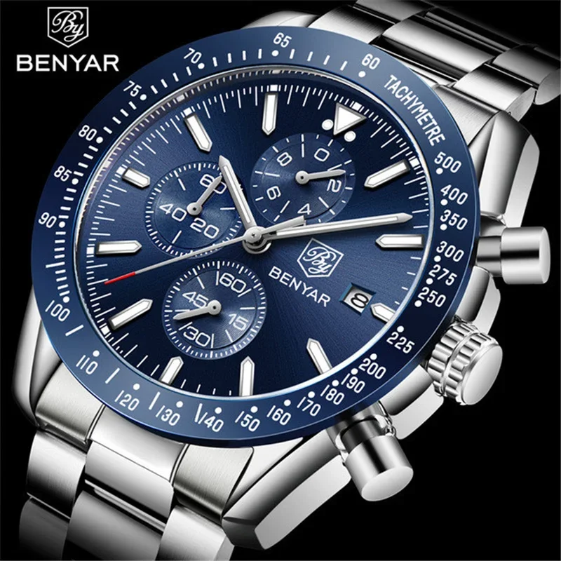 Reloj BENYAR para hombre, marca superior, reloj de cuarzo de negocios de acero completo de lujo, relojes deportivos informales impermeables para hombre, reloj Masculino