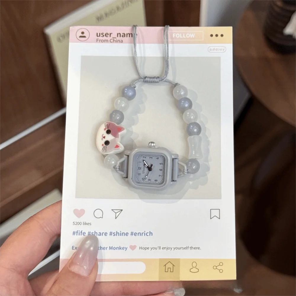 New Adjustable Bracelet Watch Beaded Cute Chain Watch Cartoon Cat Quartz Watch for Women Girls
