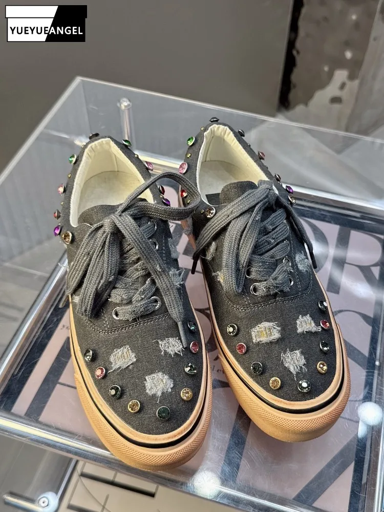 Women Platform Pumps Lace Up Round Toe Crystal Vintage Distressed Canvas Shoes Spring Summer Breathable Casual Walking Sneakers