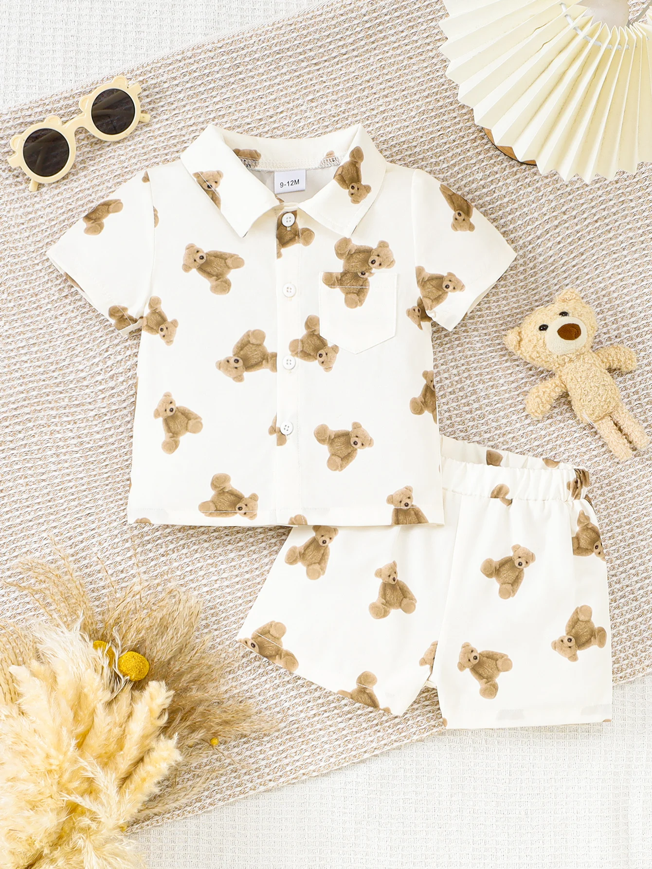 2026 Spring Summer Cute Baby Boy Bear Print Short Sleeve Polo T-Shirt & Shorts 2-Piece Set 0-3 Years: Soft Fabric Easy Wear Home