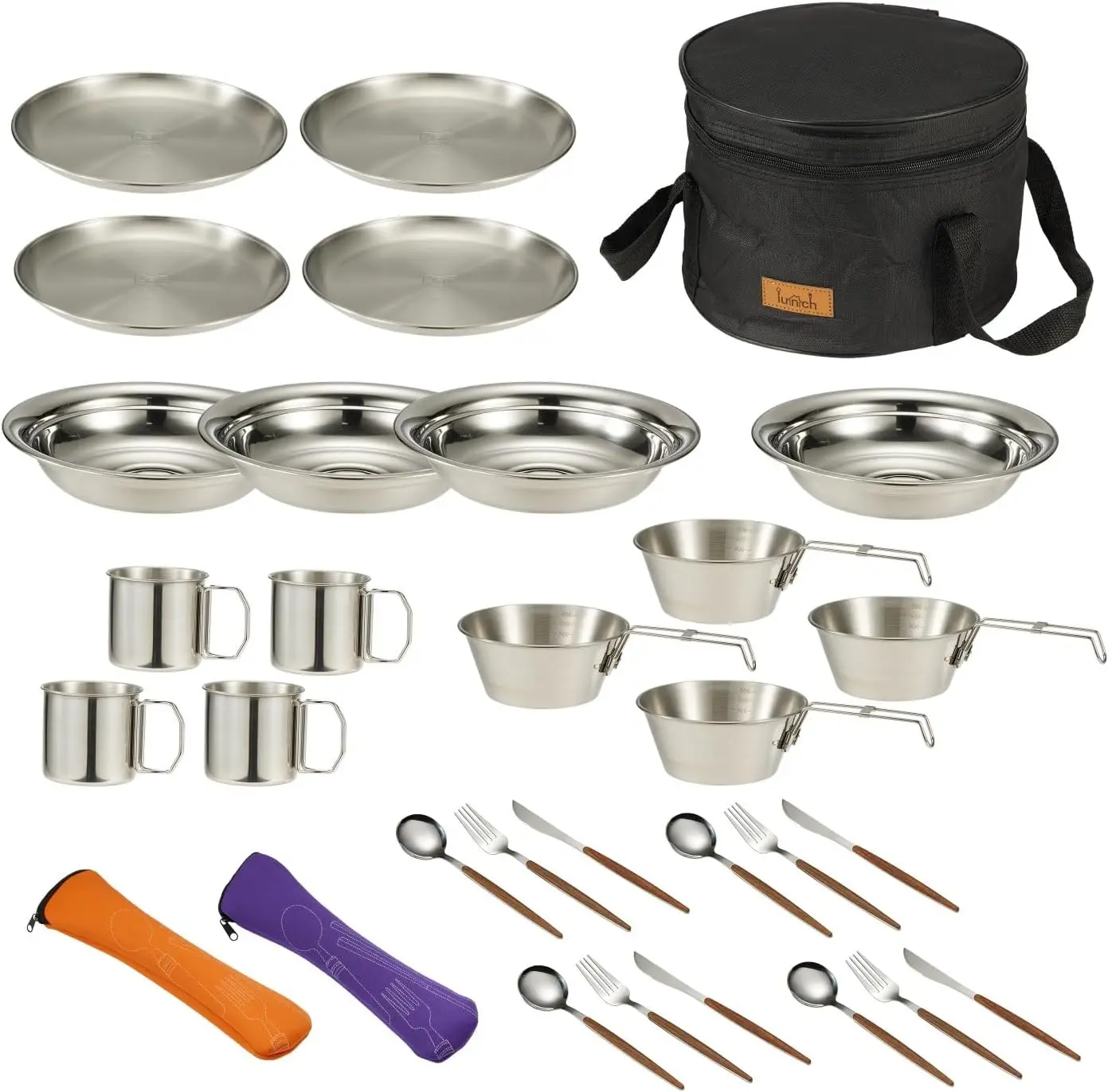 

Kitchen Tableware Mess Kit, Bowls&Dishes Set for 4 Person- 31pcs Utensils Set with Plate Spoon Fork Serrated Knife