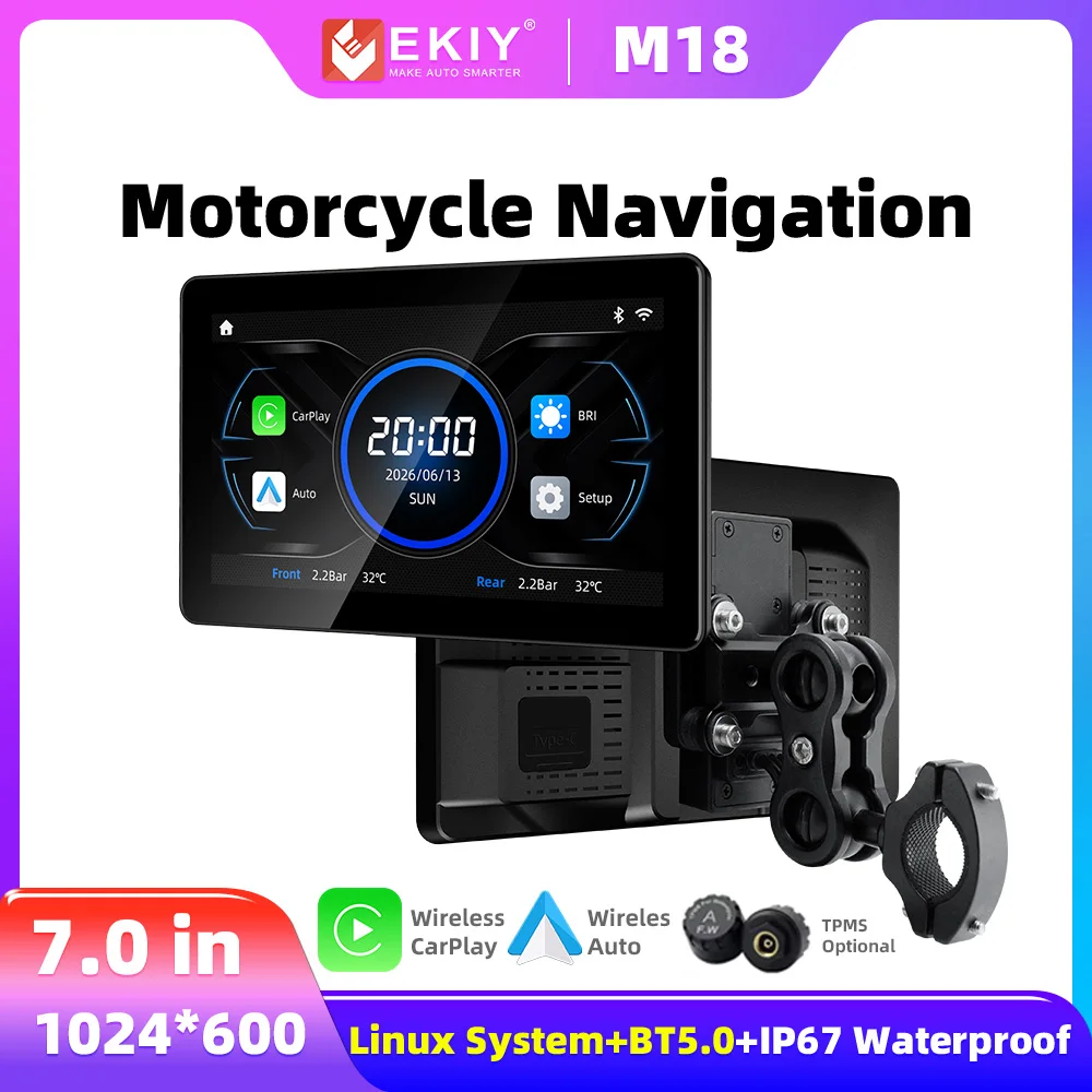 EKIY 7.0 in Wireless Carplay Android Auto Motorcycle GPS Navigation Motorbike Portable Waterproof Display Screen Support TPMS
