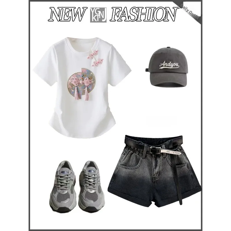 

New Chinese Sle ort Sve T-irt Women's Faionable Design Jeans Summer Casual round Ne Regular Length Polyester Fiber