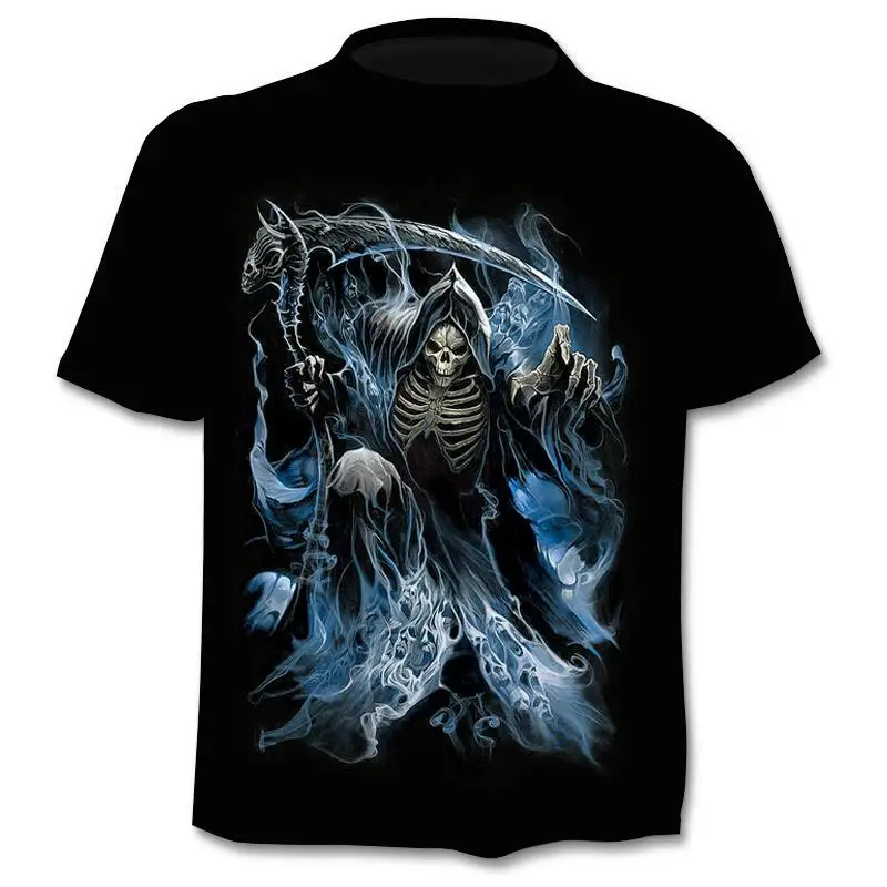 New retro street punk motorcycle men's T-shirt 3D shirt casual fashion hip-hop horror short sleeved round neck men's clothing image 3