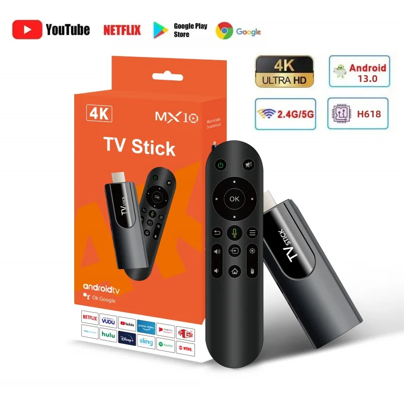 H618 Quadcore MX10 Mini TV Bâton Android 13 ATV 4K HD 2G 16G Boîte TV 2.4G 5G Double Wifi Smart Media Player Récepteur TV Pour Youtube