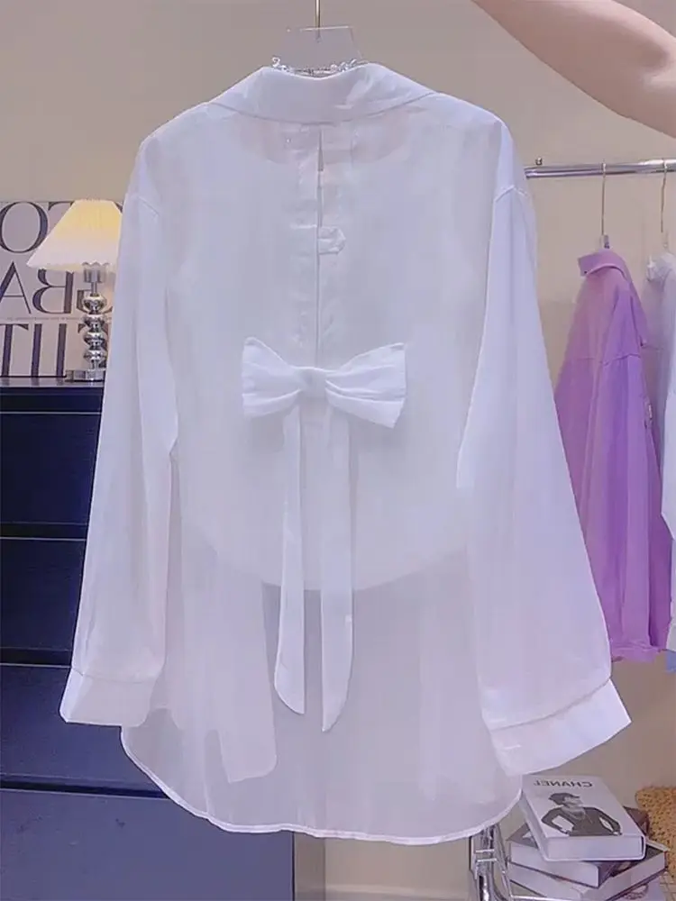 

Женская летняя новинка: свободная шифоновая рубашка с узлом, длинным рукавом, воротником, солнцезащитный кардиган-топ в повседневном стиле