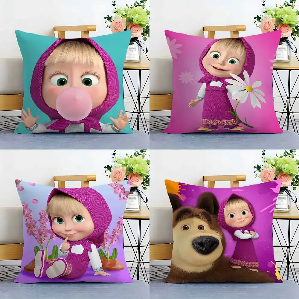 Cartoon Cute M-MashaS And The Bear Pillow Case Square Double‑Sided Print Cushion Case For Sofa Home Bedchamber Decor Gift
