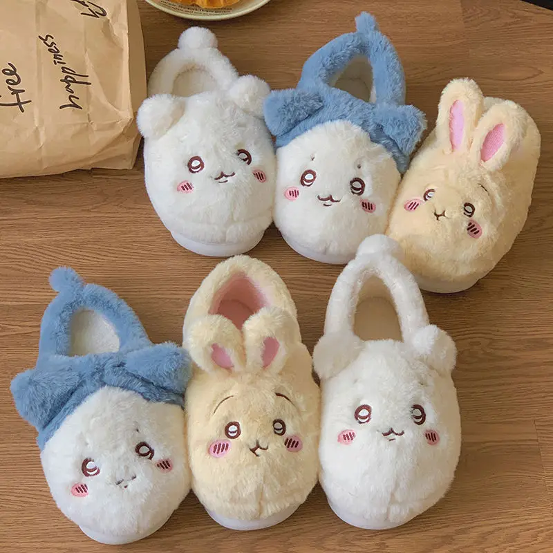 الكرتون Chiikawa نعال قماش أنيمي Usagi الكرتون الدافئة عدم الانزلاق داخلي المنزل الطابق النعال Kawaii لينة الراحة حذاء مسطح هدية