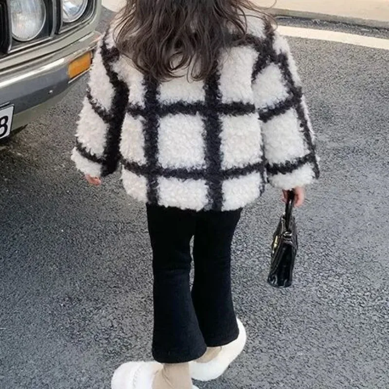 Girls Jacket outerwear autumn and winter new style children\'s stylish plaid lambhair cotton clothes baby thick warm coat