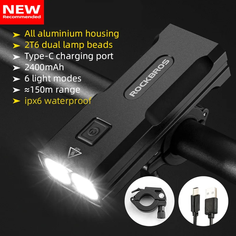 ROCKBROS Bike Light USB Rechargeable LED 2000mAh MTB Rainproof Front Lamp Headlight Aluminum Ultralight Flashlight Bicycle Light