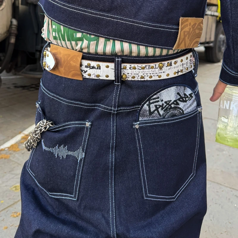 Y2K HipHop Chic Denim Jeans Trendy Disc Embroidered Pattern Retro Straight Leg Pants Casual Simple Streetwear Unisex Baggy Jeans view 5