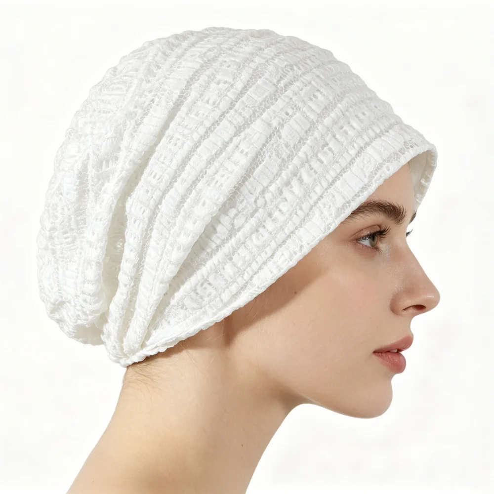 Women's White Lace Slouchy Beanie - Lightweight Casual Textured Turban Hat