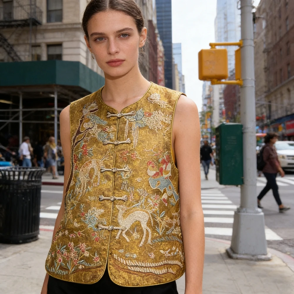 

New Chinese Style Womens Luxury Deer Flower Embroidery Vest Vintage Traditional Qipao Top Sleeveless Hanfu Waistcoat Outwear