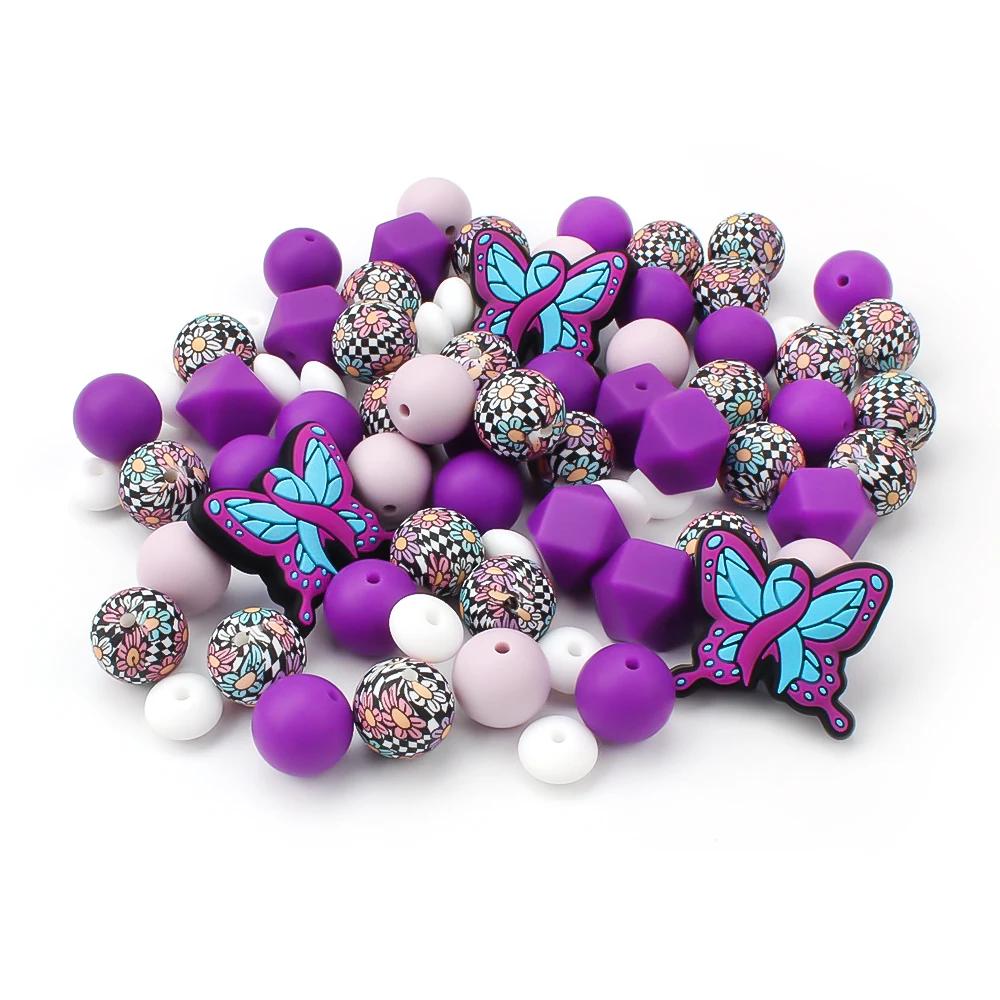 20/30pcs Silicone Beads Purple Butterfly Caring for Depression Themed Focal Beads Jewelry Making Bracelet Kit Keychain Accessory