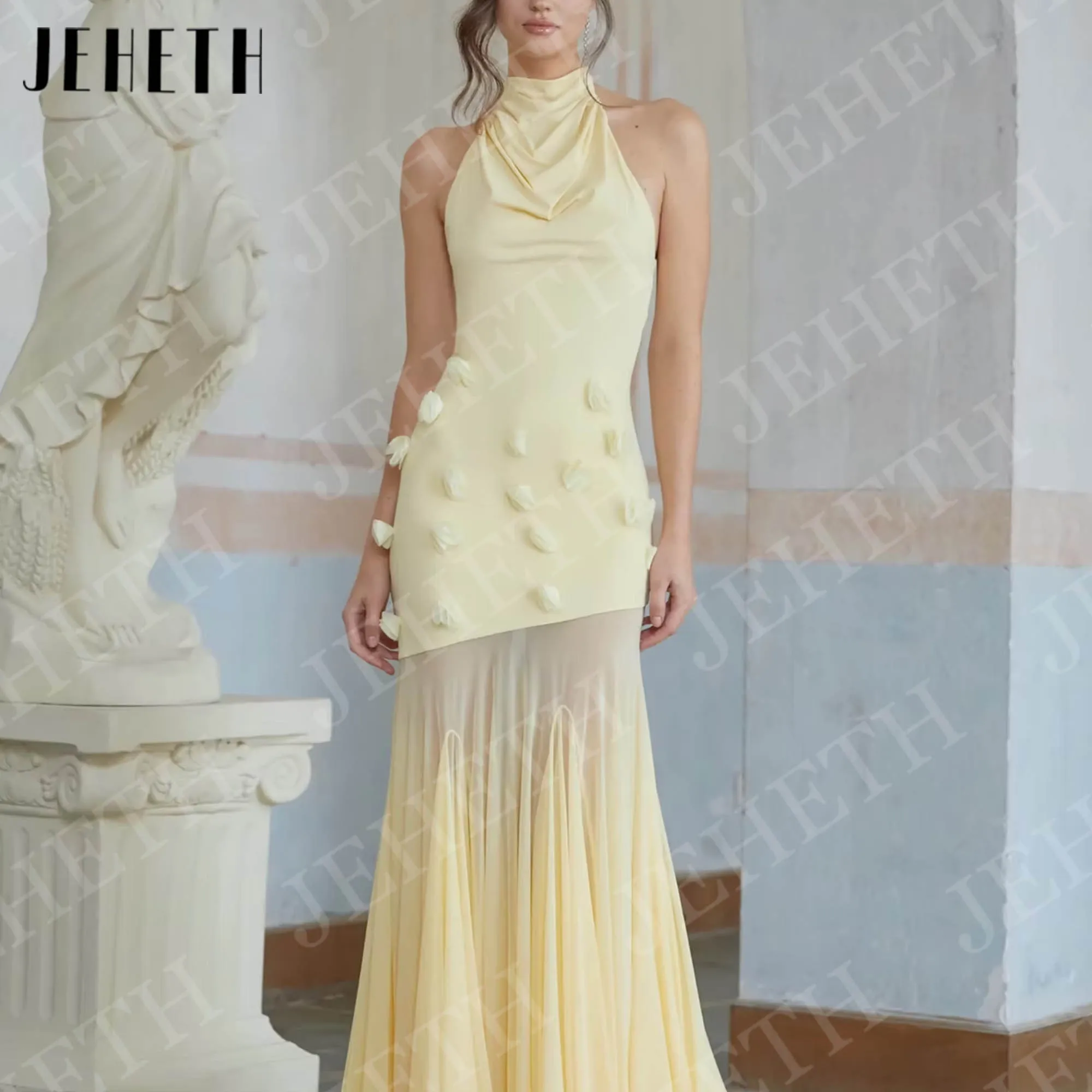 JEHETH Geel Zeemeermin Avondjurken Lange Galajurk Vrouw Halter Hals 3D Bloemen Feestjurk Mouwloos Aangepaste فسات musica