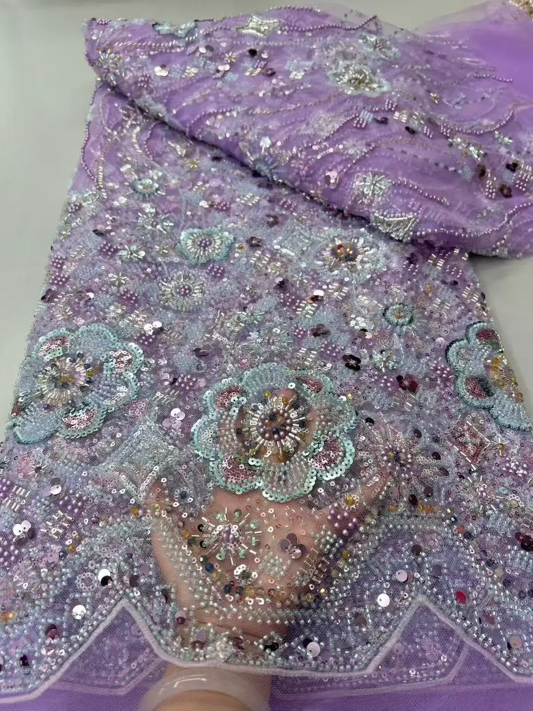 

2025 African Net Lace With Sequins African Lace Fabric High Quality 5 Yards Beaded Nigerian French Tulle Lace Fabric For Wedding