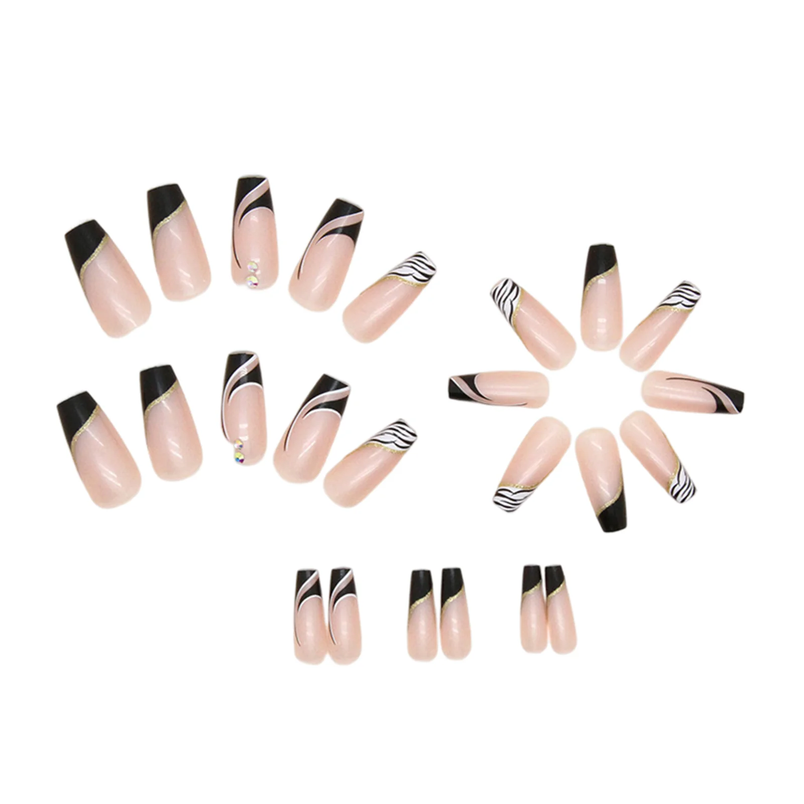 Nude with Gold Line Printed False Manicure Long Lasting Safe Material Waterproof False Nails for Professional Nail Art Salon