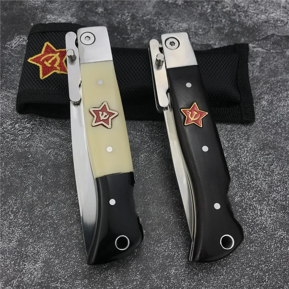 Russian Finka NKVD KGB Manual Open EDC Folding Pocket Knife Black Ebony Handle 440C Blade Mirror Finish Outdoor Camping Knives