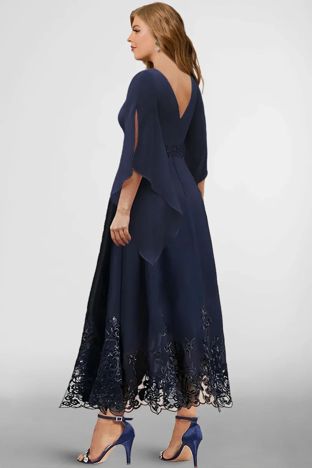 Plus Size Formal Navy Blue Chiffon Lace Stitching 3/4 Sleeve Tunic Maxi Dress Classic Wedding Big Swing A-Line Dress 2024 Summer