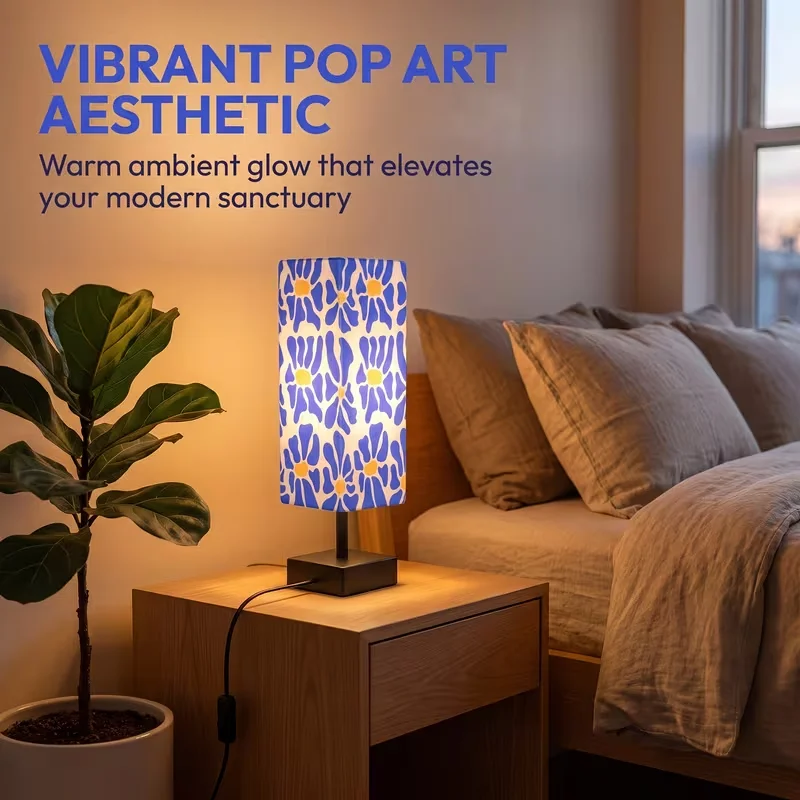 Modern Colorful Floral Table Lamp Pop Art Bedside Nightstand Lamp Warm Diffused Light Effortless Control Compact Stable Base With Blue Yellow Printed Fabric Shade Decorative Accent Desk Light For Bedroom Living Room Dorm Office & Home Decor view 6