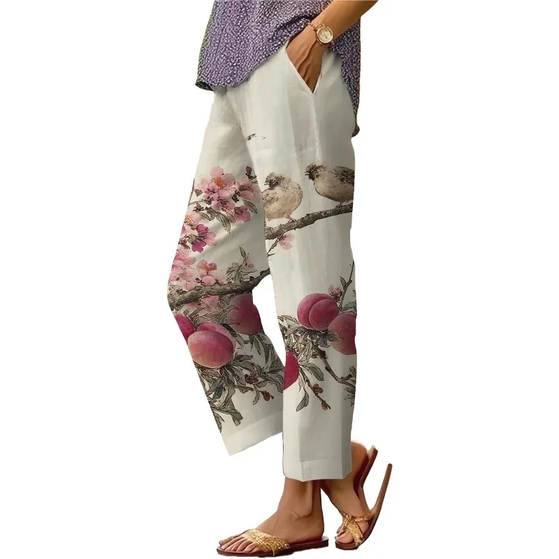 

Summer Women's Casual Linen Pants Elastic Waist Drawstring Pants Long Floral Pants Women's Bottoms Loose and comfortable