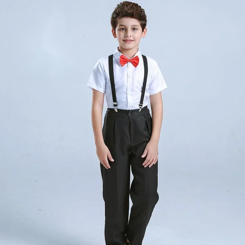 Conjunto de actuación para niños, camisa blanca, pantalones negros, actuación de estudiantes, coro, anfitrión de piano, recitación, vestido de flores para niño