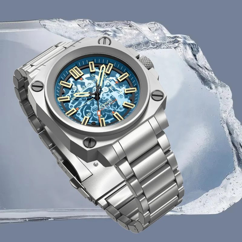 FeelNever Mechanical Man Watch Luxury Casual Stainless Steel Band Skeleton 100M Waterproof Luminous Automatic Watches Male Reloj view 4