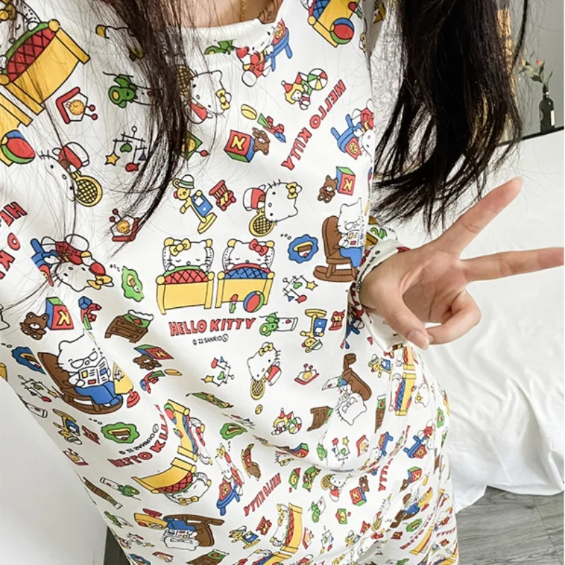 2024 Autumn Sanrio Pajamas Women Loose Round Neck Cute Kitty Homewear Simple Leisure Long-Sleeved Long Pants two-piece Suit