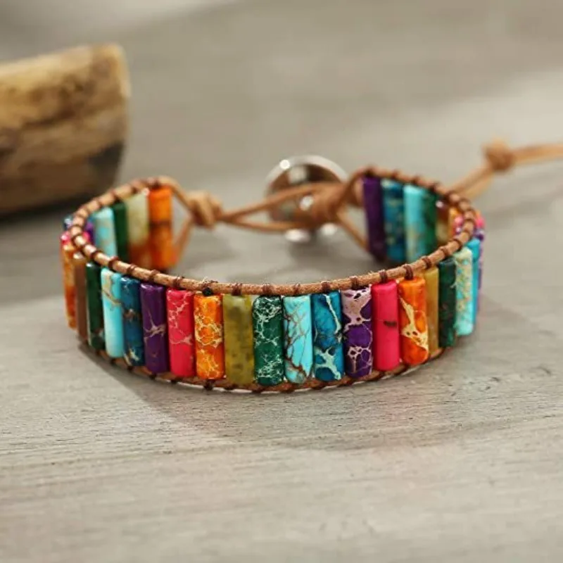 Pulseira de couro ajustável para mulheres e homens, gema natural multicolorida, cigana tibetana, pérolas de ansiedade curativas, ioga meditação jóias