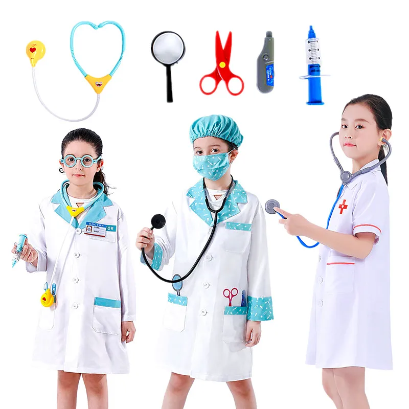 

Doctor Jacket Costume Girls Nurse Career Uniform Veterinarian Tops Halloween Role Play Medical Toys Gloves Set Game Holiday Gift