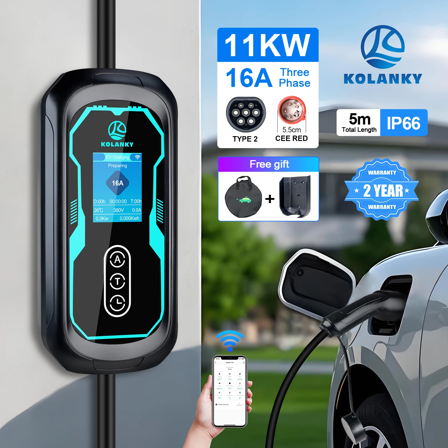 Kolanky Mobile Adjust 16A 3P 11kw Type 2 IEC-62169 Timer/Set Charging Time 1-15Hour Tuya APP Wifi For Electric Vehicle Hybrid