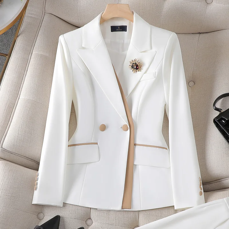 S-4XL PinK White Women Blazer and Pant Suit Office Ladies Business Work Wear 2 Piece Set Female Long Sleeve Jacket And Trouser