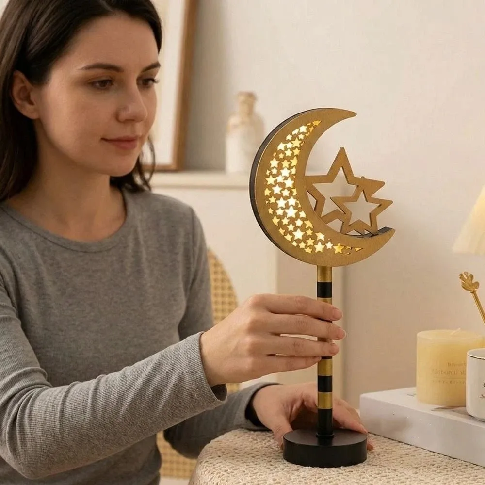 木製シェルledムーンライト省エネ装飾スターナイトライト-イード・ムバラク-ledビーズ-クレセントムーンランプ-寝室装飾